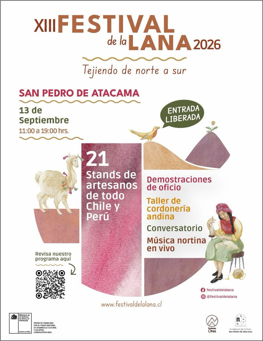 Afiche del XIII Festival de la Lana 2026 en San Pedro de Atacama: 13 de septiembre, 11:00 a 19:00 horas, 21 stands de artesanos de todo Chile y Per&uacute;, entrada liberada