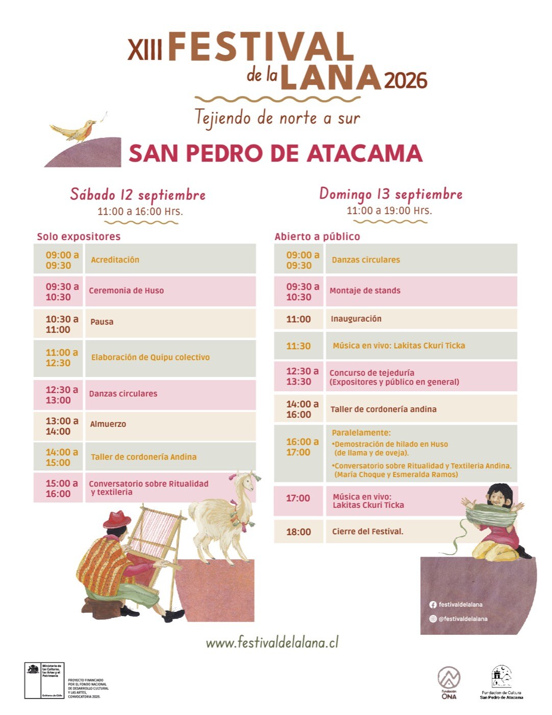 Afiche del programa del XIII Festival de la Lana 2026 en San Pedro de Atacama: sábado 12 solo expositores y domingo 13 abierto al público